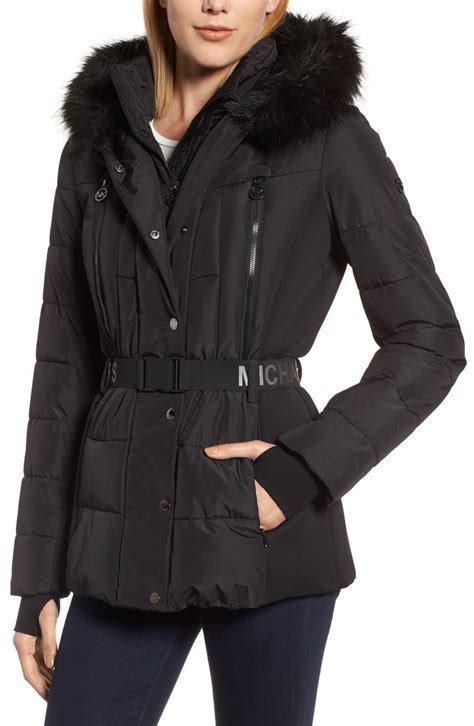 michael kors belted puffer jacket with faux fur trim|Michael Kors insulated jacket.